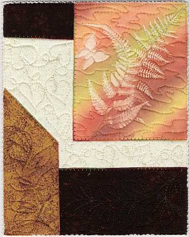 Orange, Gold, Brown ferns and butterfly sunprint 8x10" Mini Art Quilt, Sue Andrus Gardens